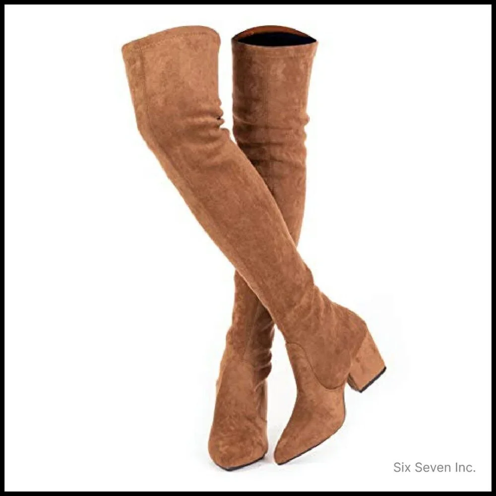 Thigh High Block Heel Boots Pointed Toe Stretch Over The Knee Elegant